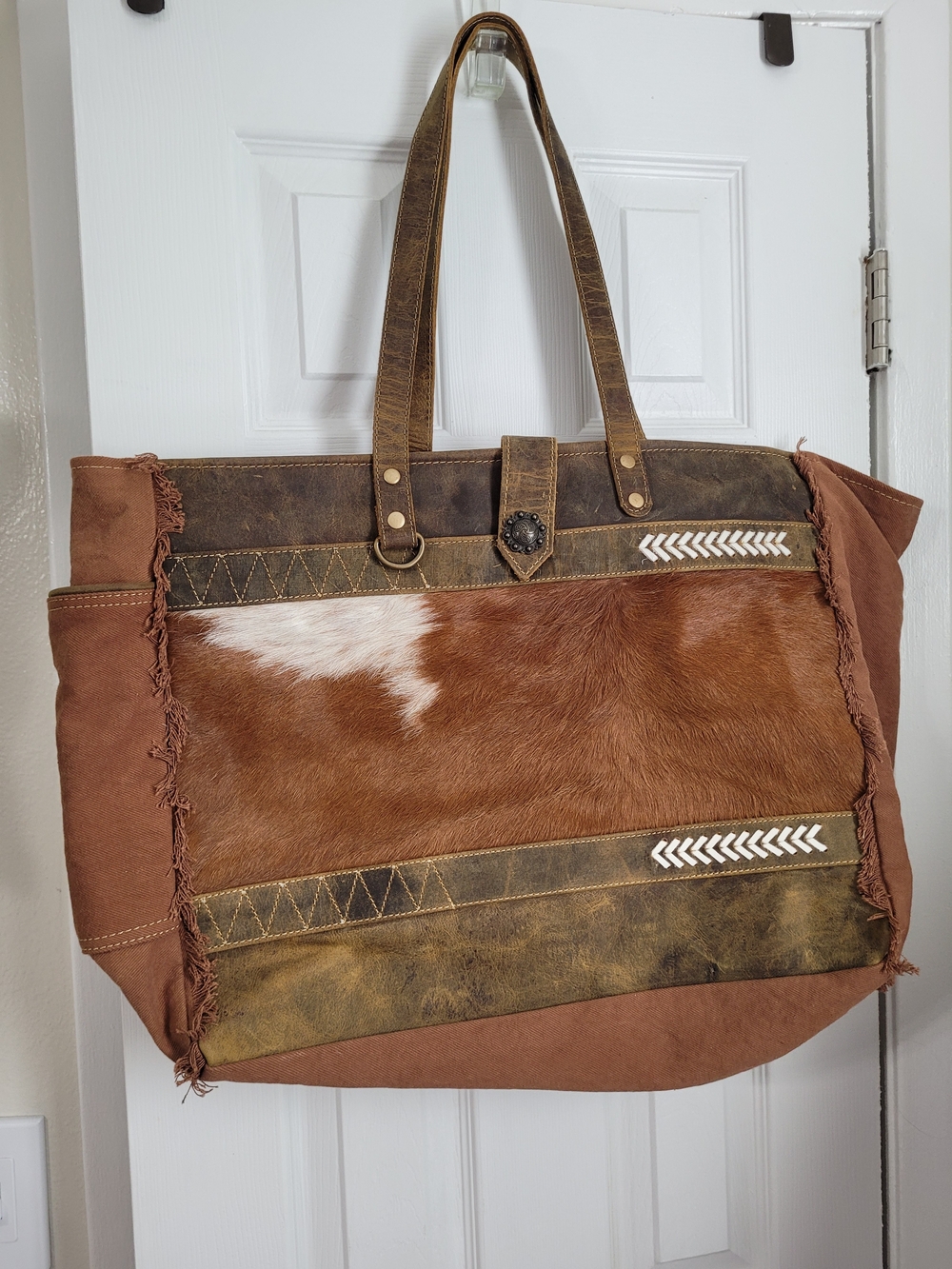 Rust Brown Haircalf Tote Bag with Leather Trim